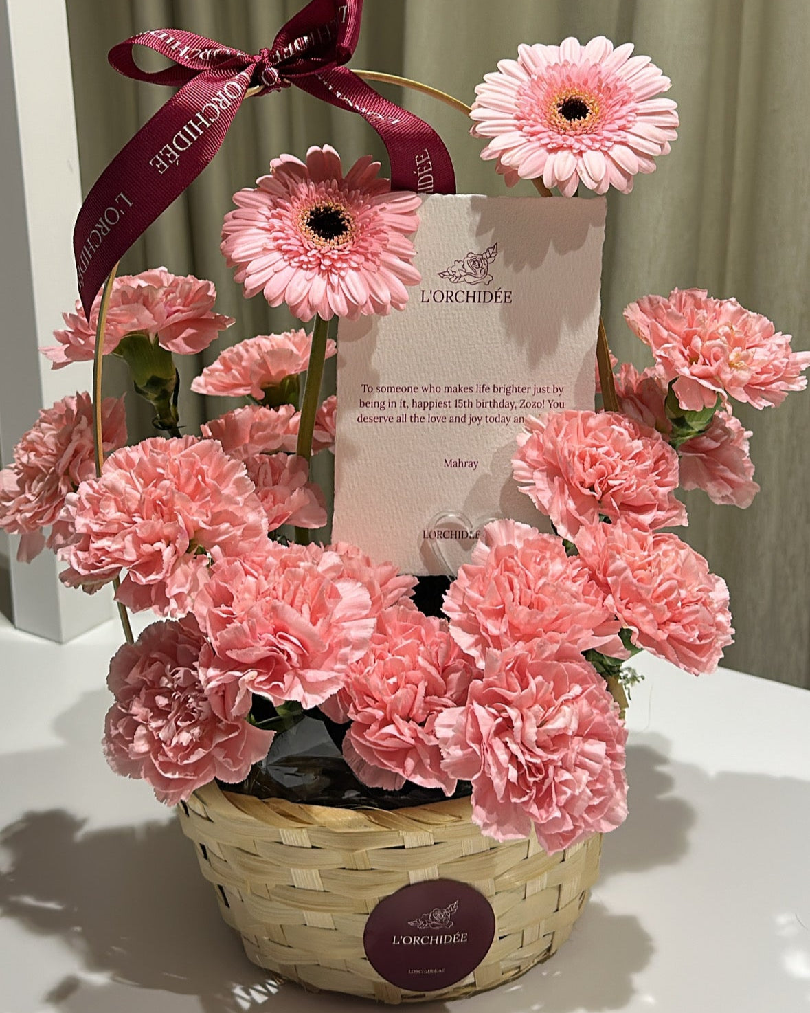 pink flower basket
